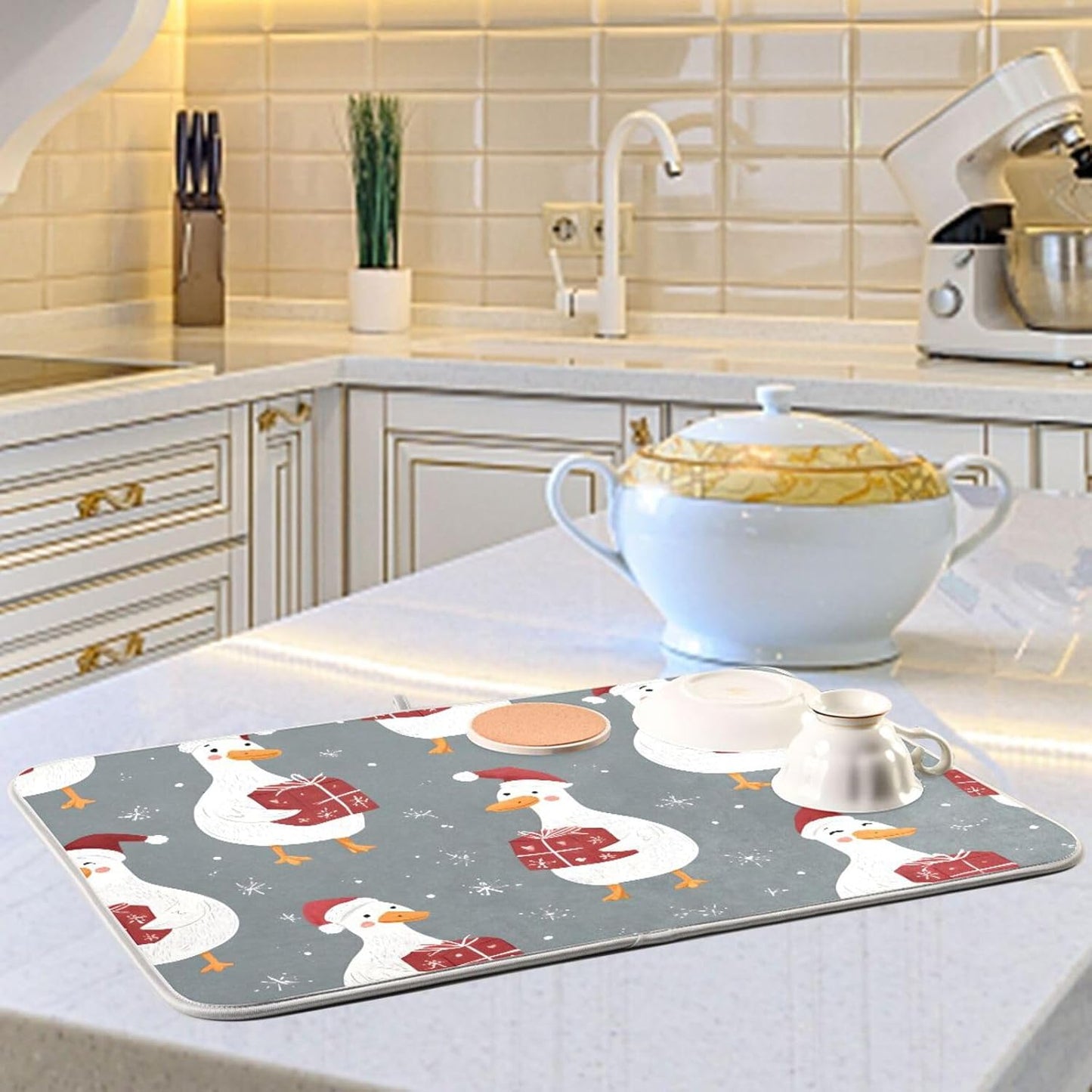 White Geese Wearing Hat Dish Drying Mat Super Absorbent Drying Mat 16x18 inch Large Dish Drying Mats for Kitchen Counter Dish Drying Pads Kitchen Drying Matt for Countertop