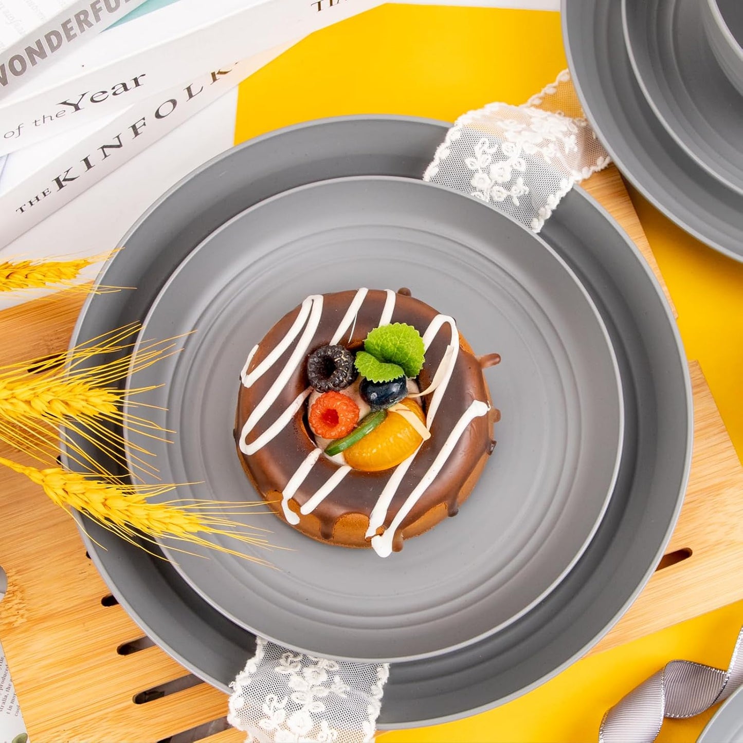 LIYH 48 Pcs Grey Plastic Wheat Straw Dinnerware Set - Plates and Bowls Sets, Camping Dish Set for 12, Unbreakable Dishwasher Safe Wheat Straw Plates Bowls Reusable 12 Guests