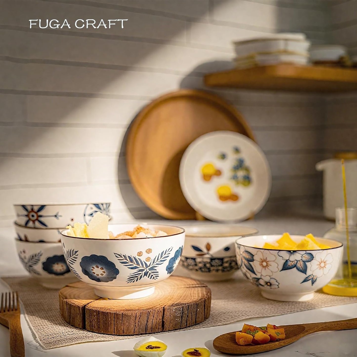 Flower Edge Ceramic Bowls, 4.5-Inch for Kitchen,Rice and Salad, Various Combinations of Japanese Style Blue and White Porcelain (Set of 4)