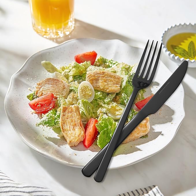 KOOMADE-Elysian -24 Piece Set Black Stainless Steel Home Kitchen Flatware Include Forks Spoons Knives Great for Family Gatherings & Daily Use