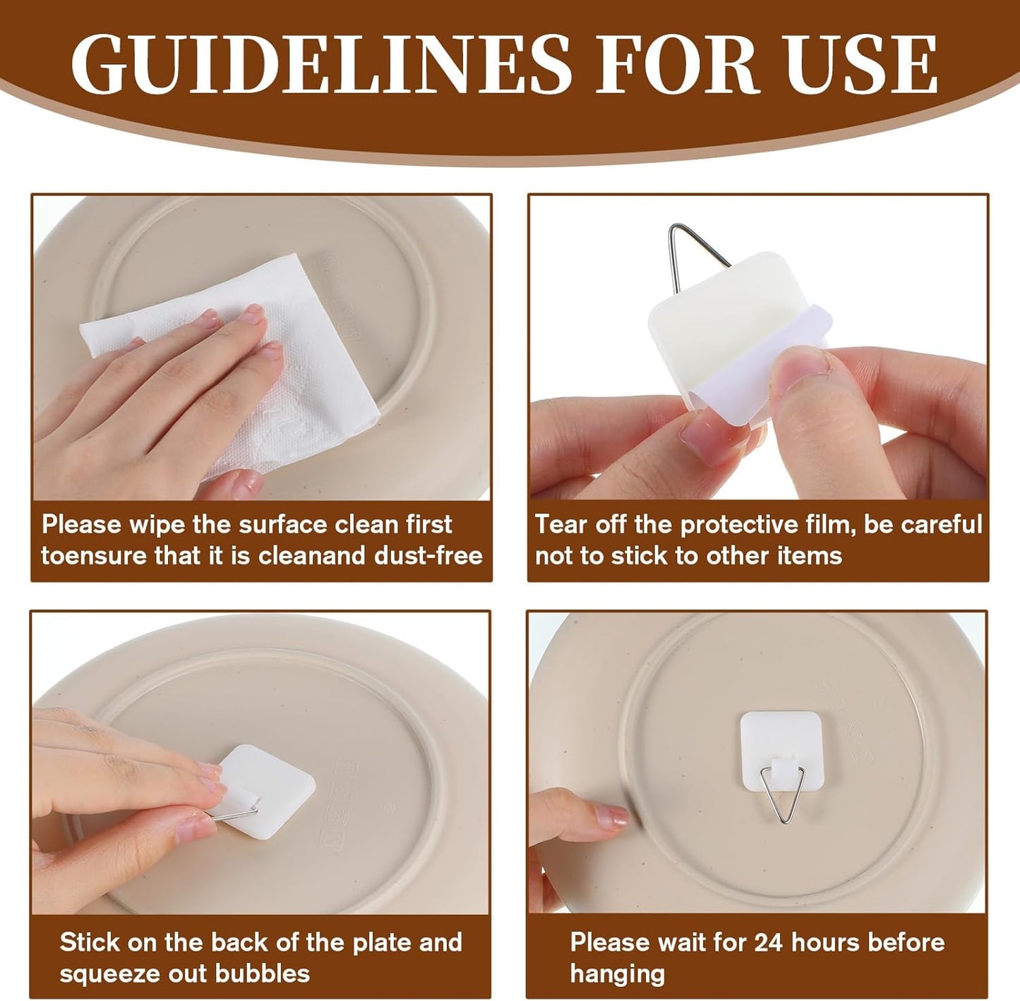 30 Pcs Invisible Adhesive Plate Hangers, Foamboard Picture Hanging Hooks Without Nails Plastic Sticky Photo Hooks for Home Wall Art Photo Frame Bathroom Closet (Square)