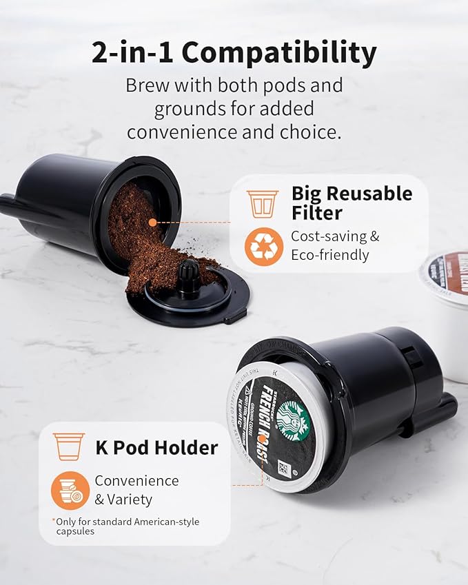 Hot & Iced Coffee Maker with Bold Setting, Single Serve Coffee Maker for K Cup and Grounds, 6-14 Oz Brew Sizes, 50 Oz Removable Water Tank, One Cup Coffee Machine with Reusable Filter, Black