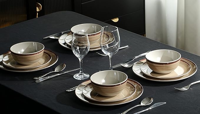 Melamine Dinnerware Sets, Dinnerware Sets for 4, 12Pcs Plates And Bowls Sets, Lightweight and Unbreakable Dish Set for Camping, Picnic,RV, Dishwasher Safe,BPA Free（Brown）