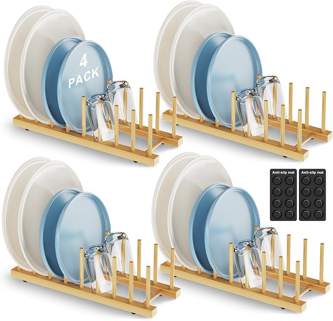 Bamboo Dish Drying Rack for Kitchen Organizer-Sturdy Plate Rack Organizer with Natural Bamboo, Dish Rack Holds Plates, Cups & Cutting Boards-Dish Drying Rack for Countertop & Cabinets（4 Pack）