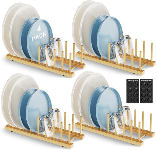 Bamboo Dish Drying Rack for Kitchen Organizer-Sturdy Plate Rack Organizer with Natural Bamboo, Dish Rack Holds Plates, Cups & Cutting Boards-Dish Drying Rack for Countertop & Cabinets（4 Pack）