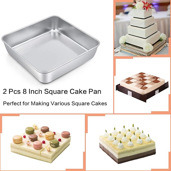TeamFar Square Cake Pan with Lid (2 Pans & 2 Lids), 8 Inch Stainless Steel Square Baking Tray Cake Brownie Tin For Meal Prep Storage Transporting Food, Healthy & Sturdy, Dishwasher Safe