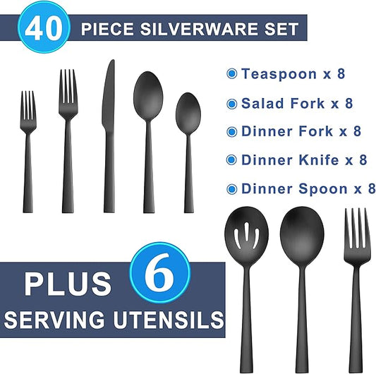Herogo 46-Piece Matte Black Silverware Set with Serving Utensils, Stainless Steel Square Flatware, Modern Tableware Cutlery Set with Serving Pieces for Catering Banquet, Dishwasher Safe, Satin Finish