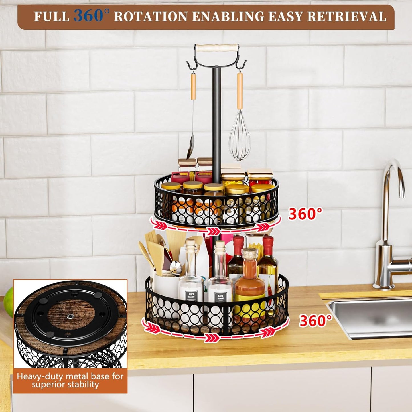 Heavy-Duty 2 Tier Lazy Susan Organizer, Upgraded DIY 3-in-1 Design Detachable Metal Rotating Spice Rack, Spice Organization for Kitchen Cabinet Countertop