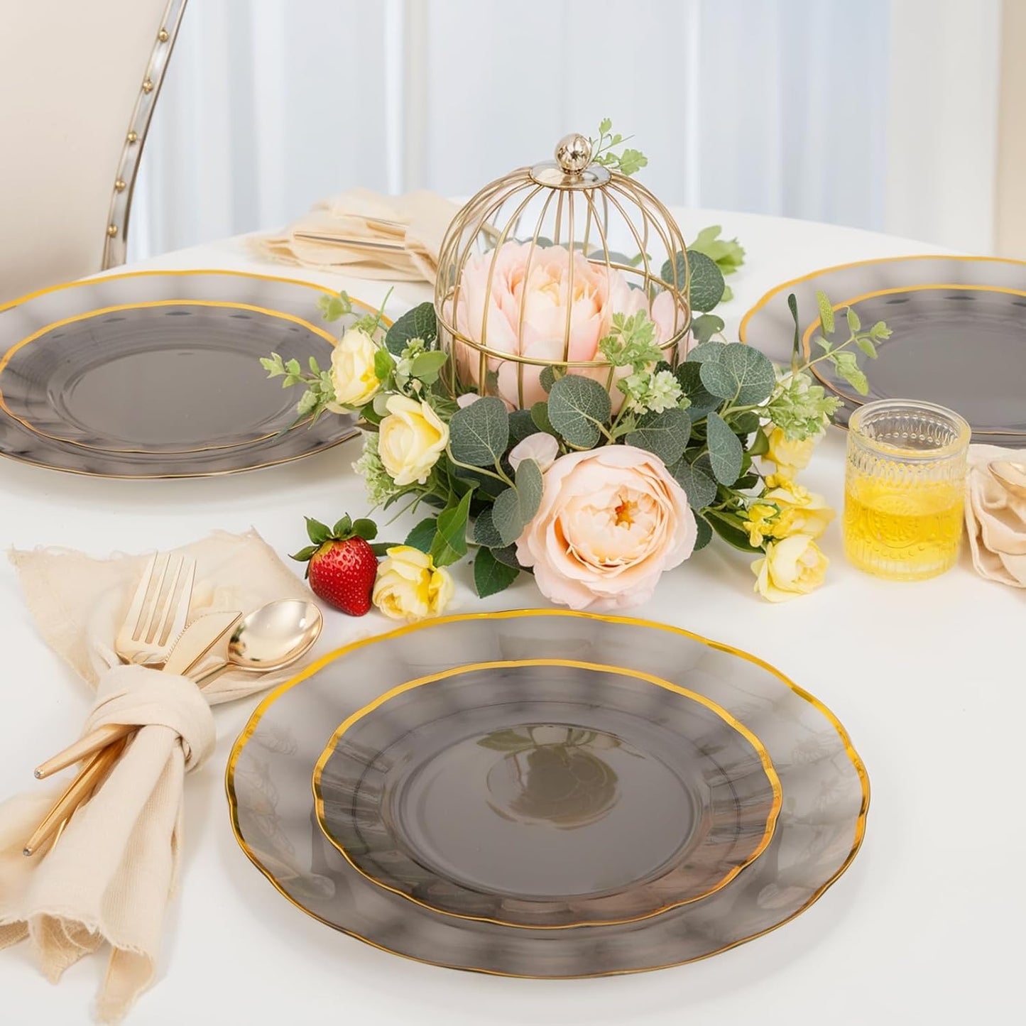 supernal 60Pcs Black and Gold Plastic Plates Heavy Duty Black Disposable Plates With Gold Rim,Clear Black Gold Plastic Dinnerware Set For 30 Guests Perfect for Party,Birthday,Anniversary,Halloween