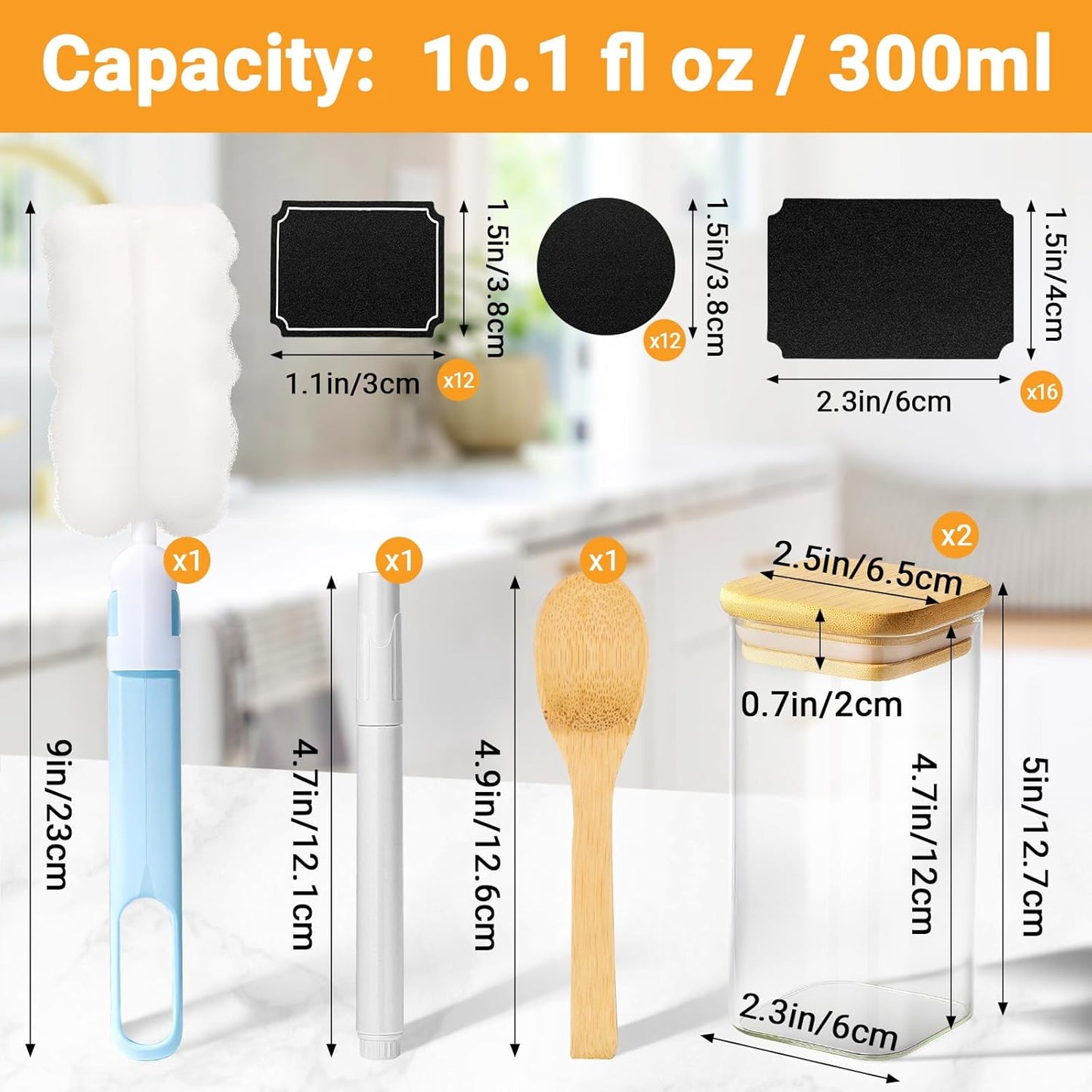 Square Glass Storage Jars, 2 Pack 10 Fl.oz Glass Containers with Bamboo Lids, Wide Mouth Spice Canister with Airtight Lids for Sugar Coffee Tea Candy Cookies - Included Labels, Spoon and Marker