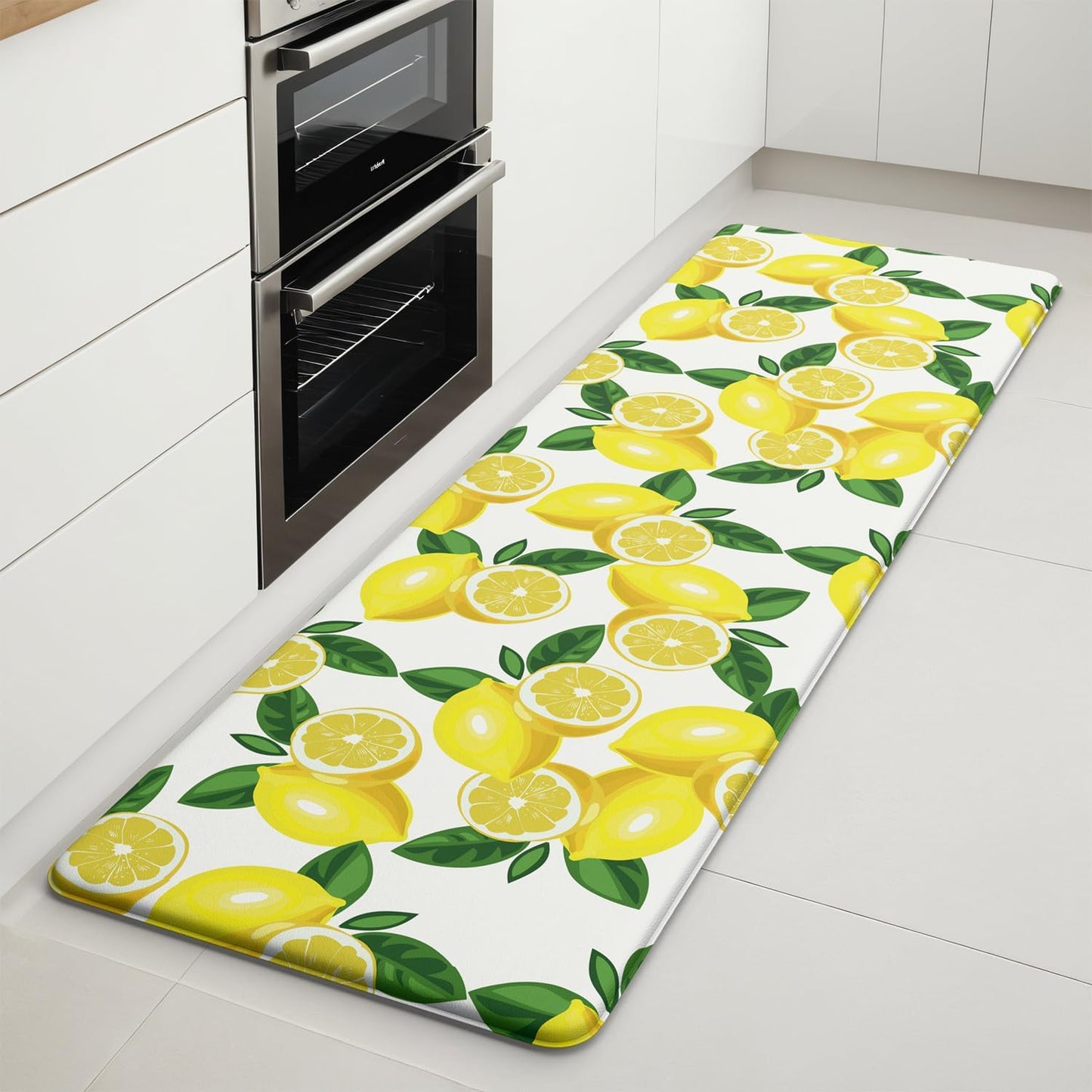 Lemon Kitchen Mats for Floor - Anti Fatigue Mats for Kitchen Floor, Cushioned Non-Skid Washable Memory Foam Rug for Office, Sink, Laundry (17.3"×59"×0.47") White