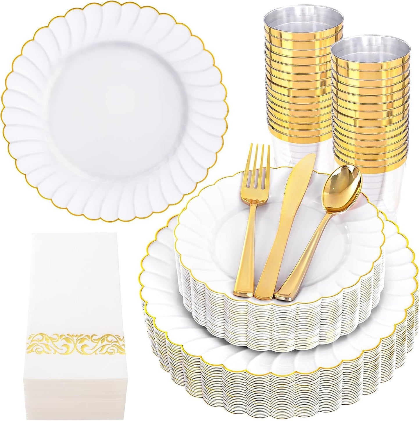 YOUBET 175PCS Gold Scalloped Plastic Plates - White and Gold Disposable Dinnerware Set Include 50 Plates, 75 Gold Silverware, 25 Cups, 25 Napkins for Party & Wedding & Thanksgiving