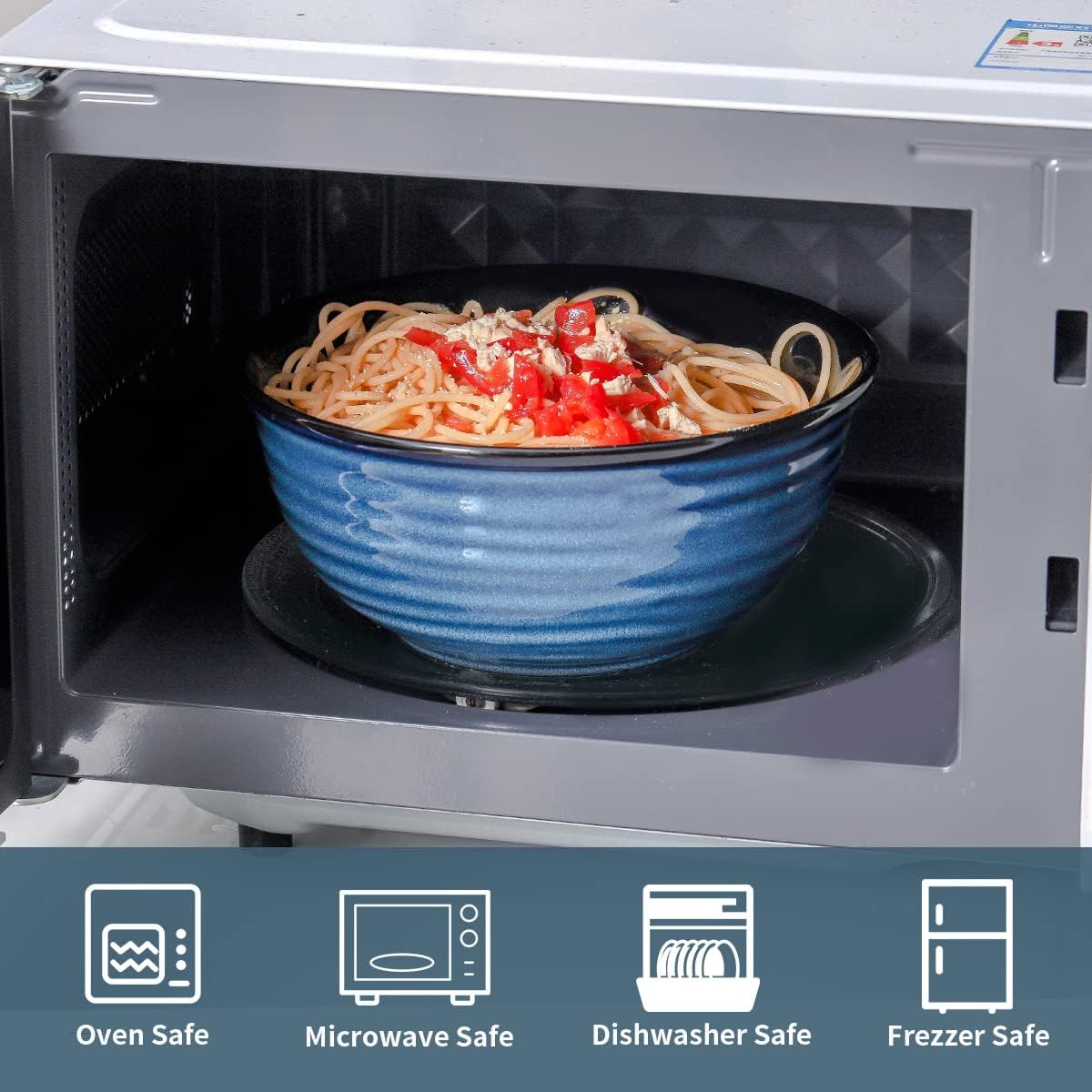 Hasense Serving Bowls, 60 Ounces Ceramic Salad Pasta Soup Bowls, 8.5 inch Large Bowls for Kitchen Ramen Pho Fruit Cereal Popcorn, Microwave and Dishwasher Safe, Set of 2, Blue