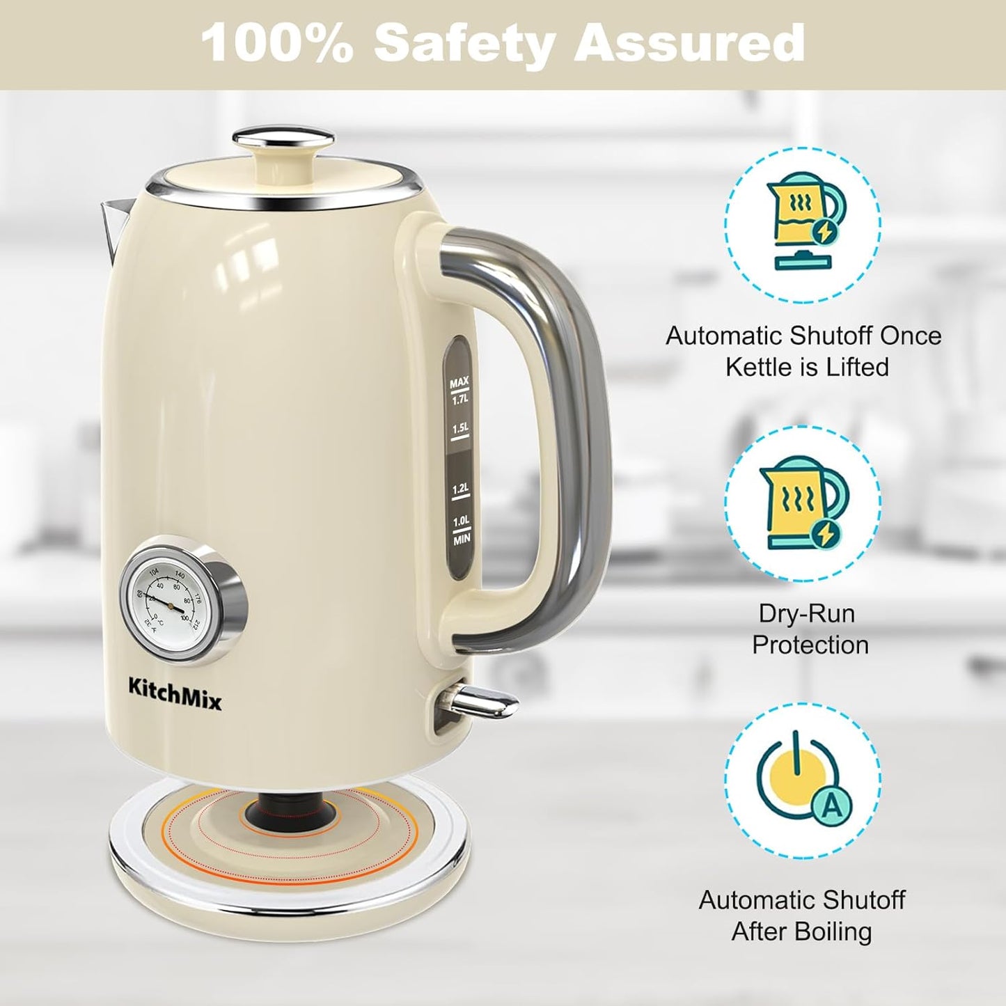 Electric Stainless Steel Tea Kettles1500W-1.7L-with Thermometer, Auto Shut-Off & Boil-Dry, Cool Touch Handle, BPA Free Kettle & Hot Water Kettle (Beige)