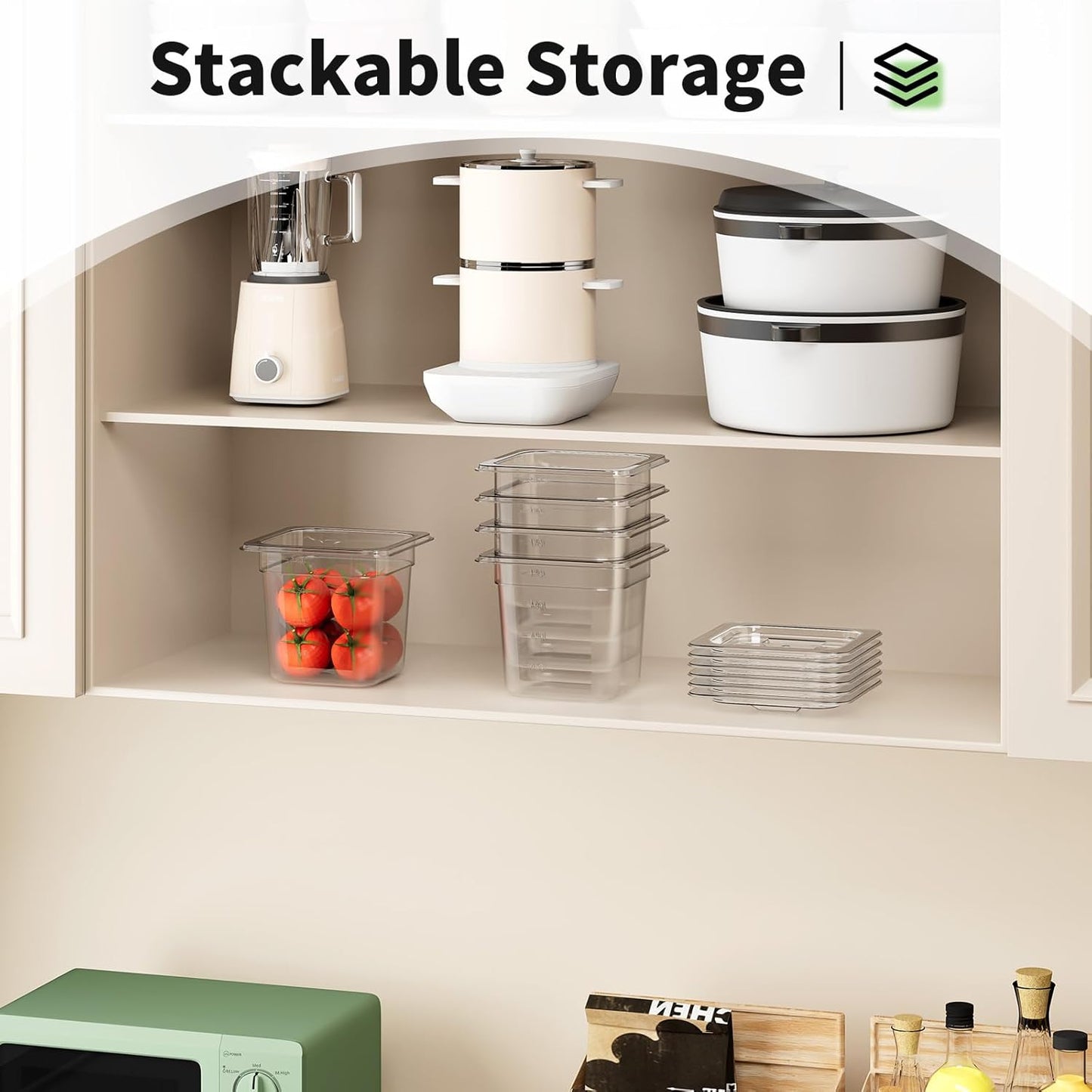 1/6 6'' 6 Pack Plastic Food Pans With Lids, Clear Food Pan, Commercial Stackable Polycarbonate Freezer-Safe for Fruits Vegetables Restaurant Kitchen