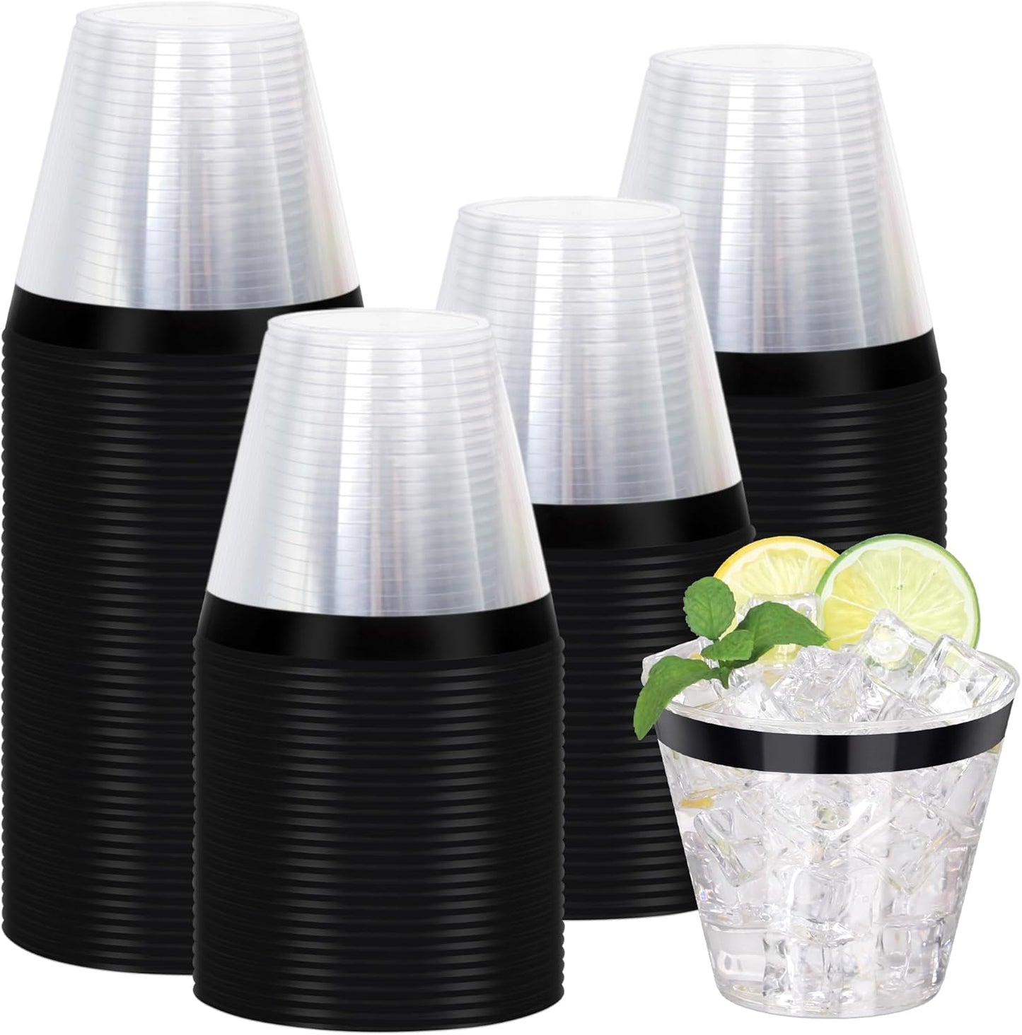 120 Pcs Black Plastic Cups,9Oz Black Rimmed Plastic Cups,Heavy Duty Clear Disposable Plasitc Cocktail Tumblers Wine Cup for Party,Wedding,Birthday,Christmas