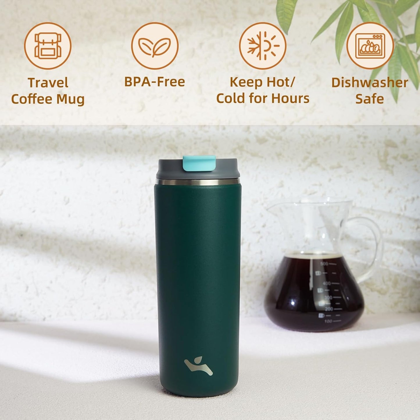 Tumbler with Lid, 16 oz Travel Coffee Mug Double Wall Vacuum Stainless Steel Thermal Metal Cup Insulated Water Bottle,Dark Green