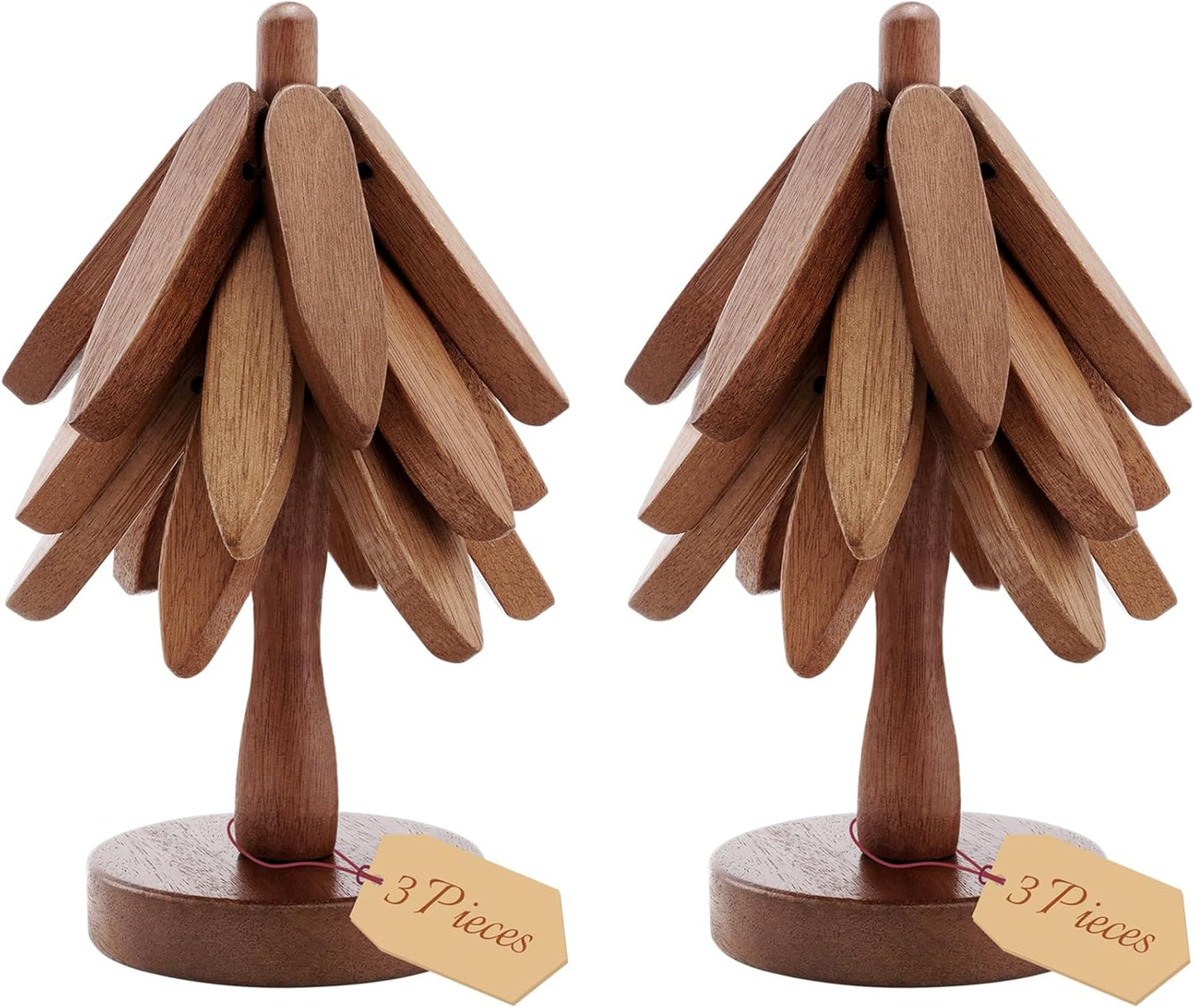 Tree-Shaped Placemats, Foldable Heat Resistant Anti-Stain Wood Trivet for Hot Dishes Pans, All-in-1 Set, 3PCS Easy-Cleaning Walnut Wood + Stand Coasters