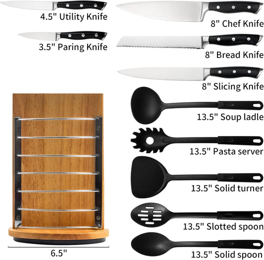 Alata 11-Piece Knife Set with Block, Razor-Sharp,Kitchen Knife Set, Forged Triple Rivet Stainless Steel Knife Block Set