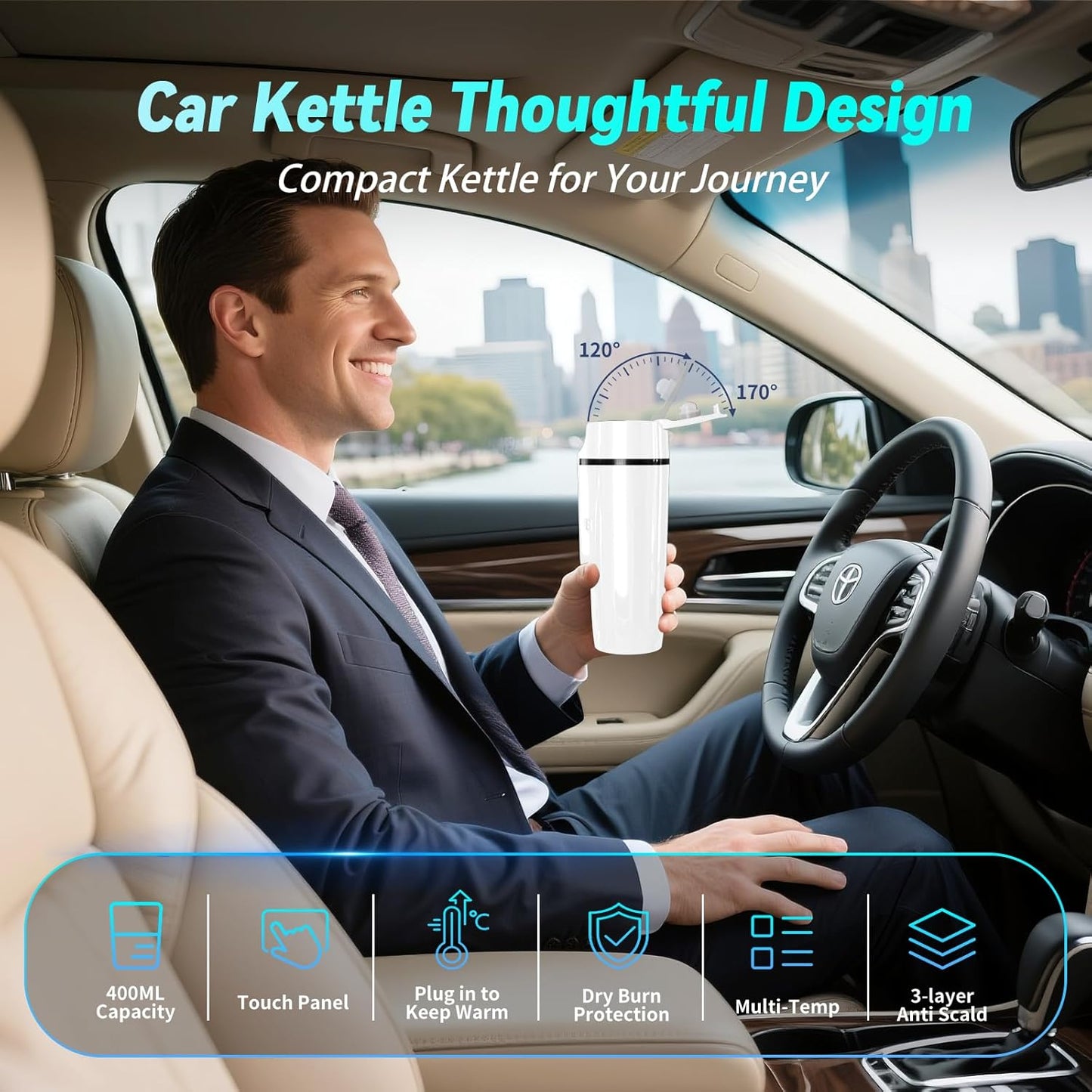 Car Electric Kettle for Travel : FVPE 12V/24V Small Electric Water Kettle, Multi-Temp Control 400 mL Portable Car Water Boiler for Brewing Coffee Tea,LCD Display 304 Stainless Steel Truck Heating Cup