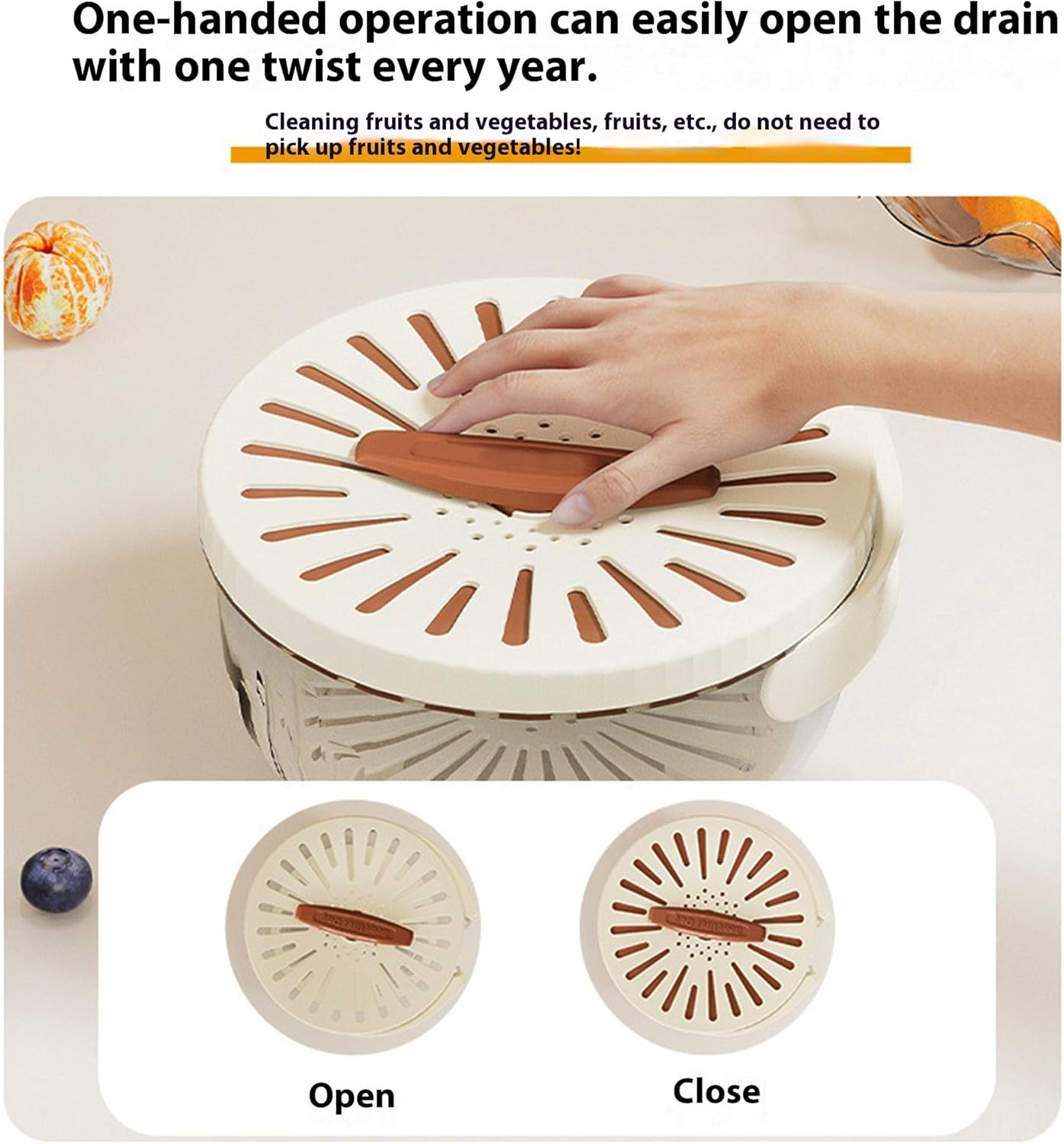 2025 New Draining Basket with Lid, Fruit Drainer Container with Handle, 2 in 1 Multi-function Drain Basket, For Rinsing Straining Vegetable Washing Fruit Portable Storage Container (Brown)