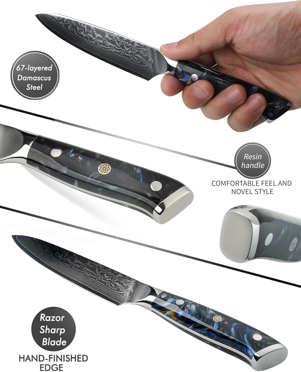 5 Inch Kitchen Utility Knife - Xuan Series Kitchen Knives - VG10 Damascus Steel with Resin Handle (Starry Black)