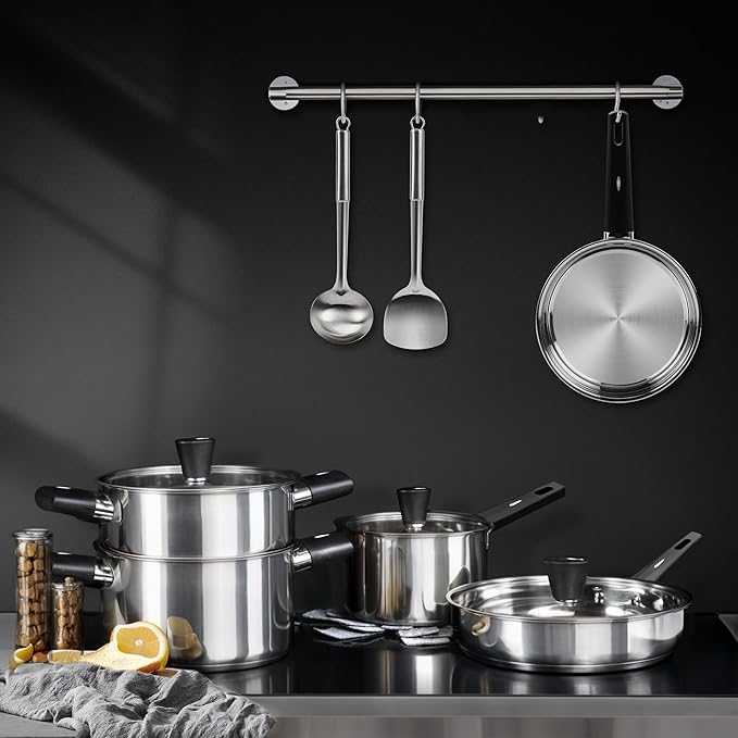 14-Piece Stainless Steel Pots and Pans Set, Cookware Set with Stay-Cool Handle, kitchen Cooking Pots and Pans Compatible with All Stovetops (Gas, Electric & Induction), Dishwasher Safe