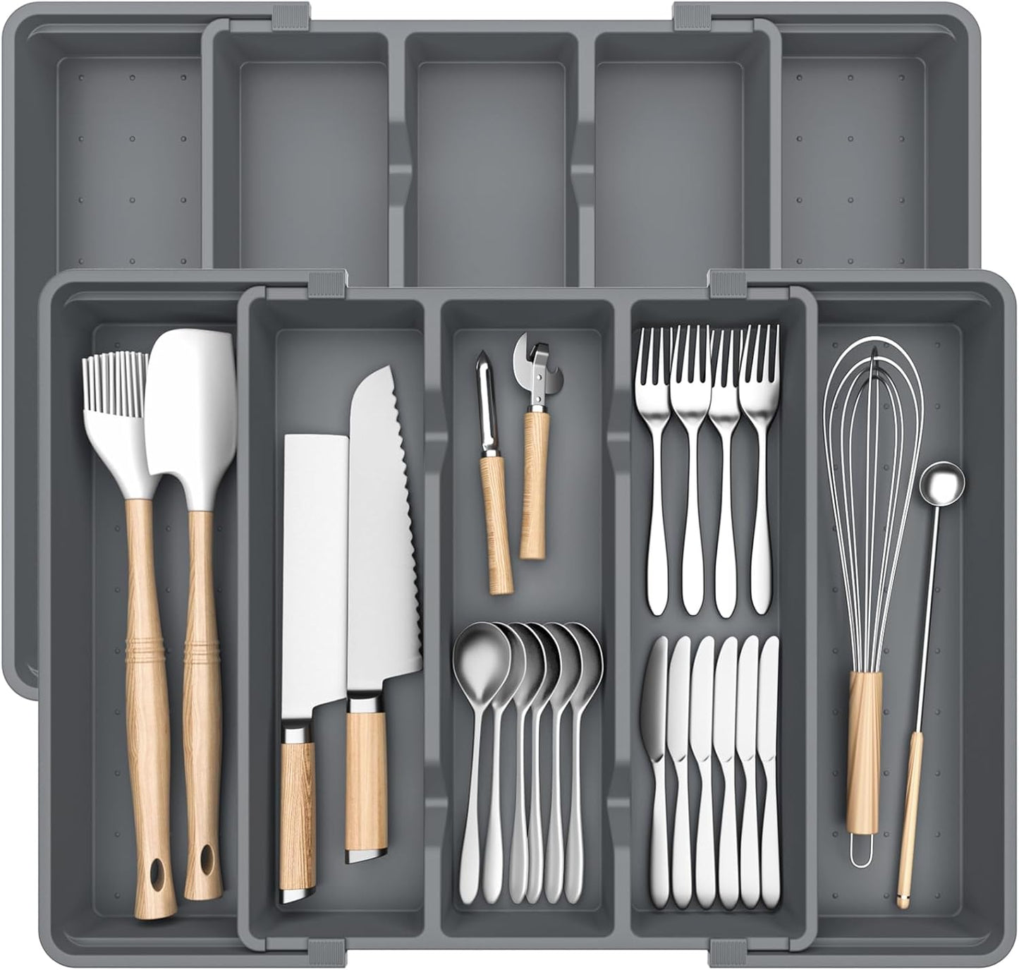 Silverware Organizer, Expandable Utensil Drawer Organizer for Kitchen Drawers, Kitchen Drawer Organizer for Spoons/Forks/Knives, Multipurpose & BPA Free Cutlery Tray, Grey, 2 Pack