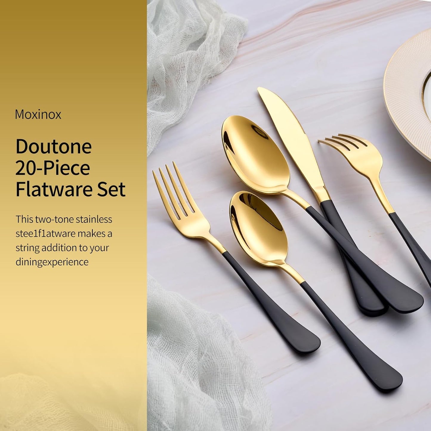 20-Piece Black & Gold Silverware Set, 18/0 Stainless Steel Colorful Handle Flatware Set, Service for 4, Modern Cutlery Set Includes Dinner Knives Forks Spoons, Mirror Polished, Dishwasher Safe