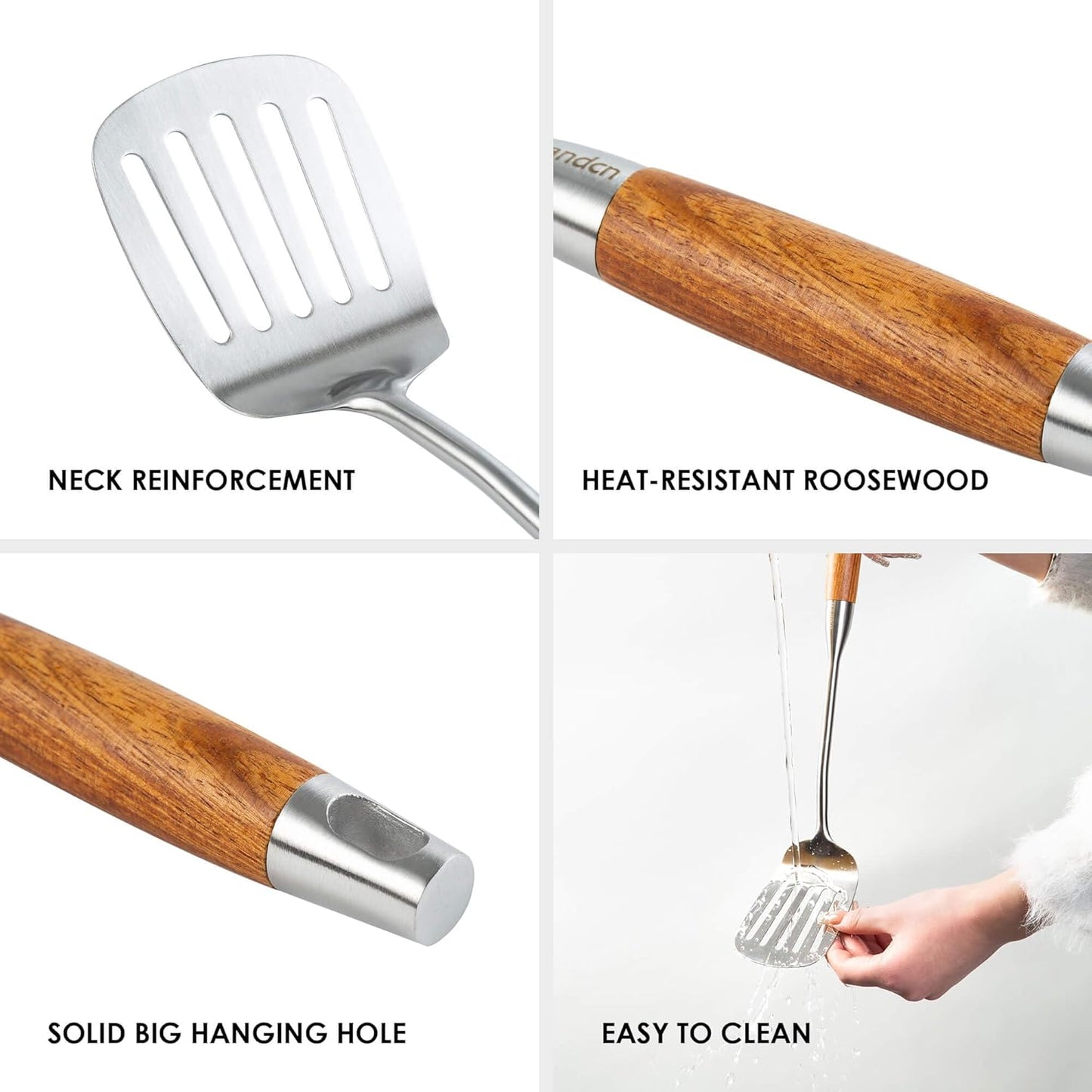 18/10 Stainless Steel Kitchen Utensils Set with Wood Handle - 15” Long Metal Cooking Tools - Serving Solid/Slotted Spoon, Tunner, Skimmer, Soup Ladle, Spaghetti Spoon, Large Spoons Set of 6