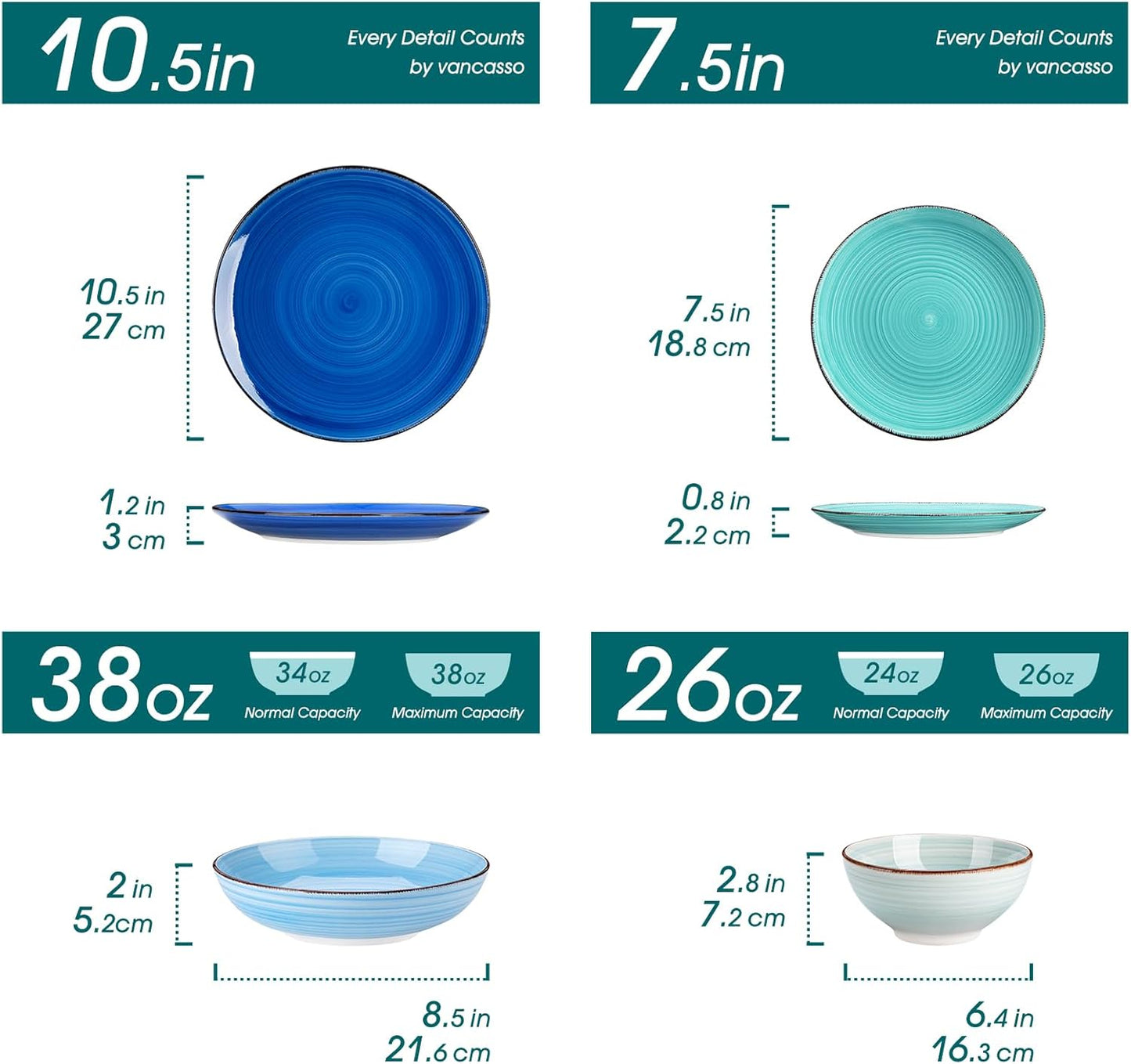 vancasso Bonita Dinnerware Set 24 Pieces Blue Stoneware Service for 6, Handpainted Spirals Pattern Stoneware Combination Set