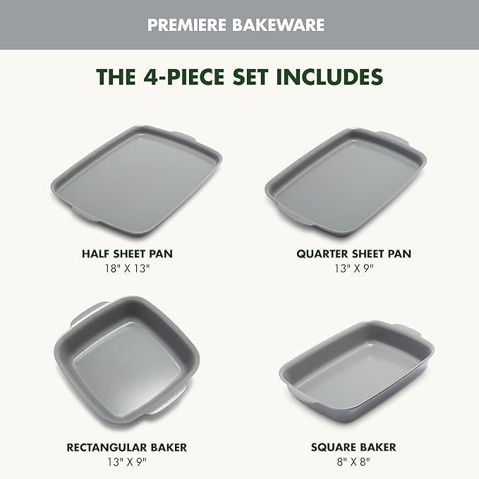 GreenPan Premiere Ovenware Healthy Ceramic Nonstick 4 Piece Bakeware Set, PFAS-Free, Rectangular, Square, Quarter, Half Sheet Baking Pans, Warp-Free, Oven Safe to 600F, Dishwasher Safe, Gray