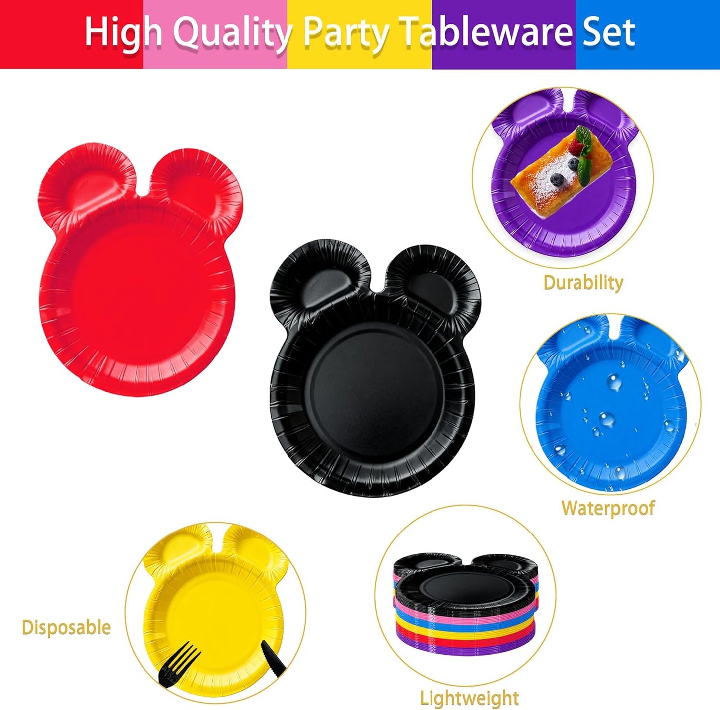 30CT Cute Mouse Head Party Plates for Kids, Cartoon Mouse Paper Plates with Two Dipping Compartments, Multi-Color No Spill 9in Disposable for Birthday, Baby Shower, Celebrations and Daily