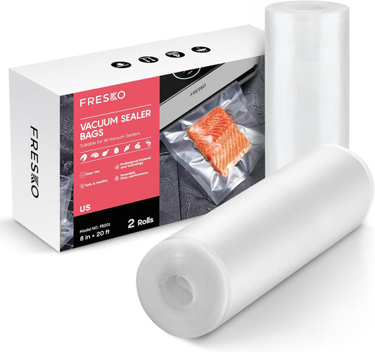 FRESKO 8"x20' Vacuum Sealer Bags for Food, 2 Rolls Customized Size Storage Bags with BPA Free, Heavy Duty Food Bags for Meal Prep and Sous Vide Cooking