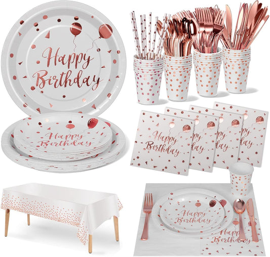 Birthday Party Tableware, 161 Pieces Rosegold Party Supplies, Party Dinnerware Sets Include Paper Plates Napkins Cups Silverware, for Shower Engagement Parties Decoration -20 Serves