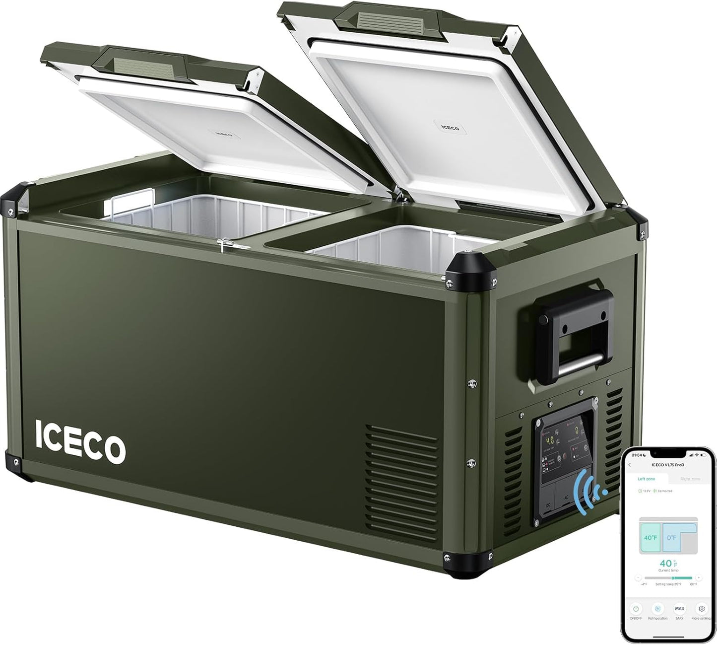 ICECO VL75 ProD 12V Refrigerator, Portable Freezer Fridge with AC/DC, 75L Dual Zone Car Fridge Powered by SECOP, 0℉ to 50℉, Electric Cooler for Car, Camping and Home Use [Olive Green Special Edition]
