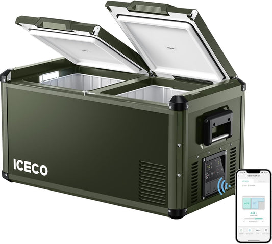 ICECO VL75 ProD 12V Refrigerator, Portable Freezer Fridge with AC/DC, 75L Dual Zone Car Fridge Powered by SECOP, 0℉ to 50℉, Electric Cooler for Car, Camping and Home Use [Olive Green Special Edition]