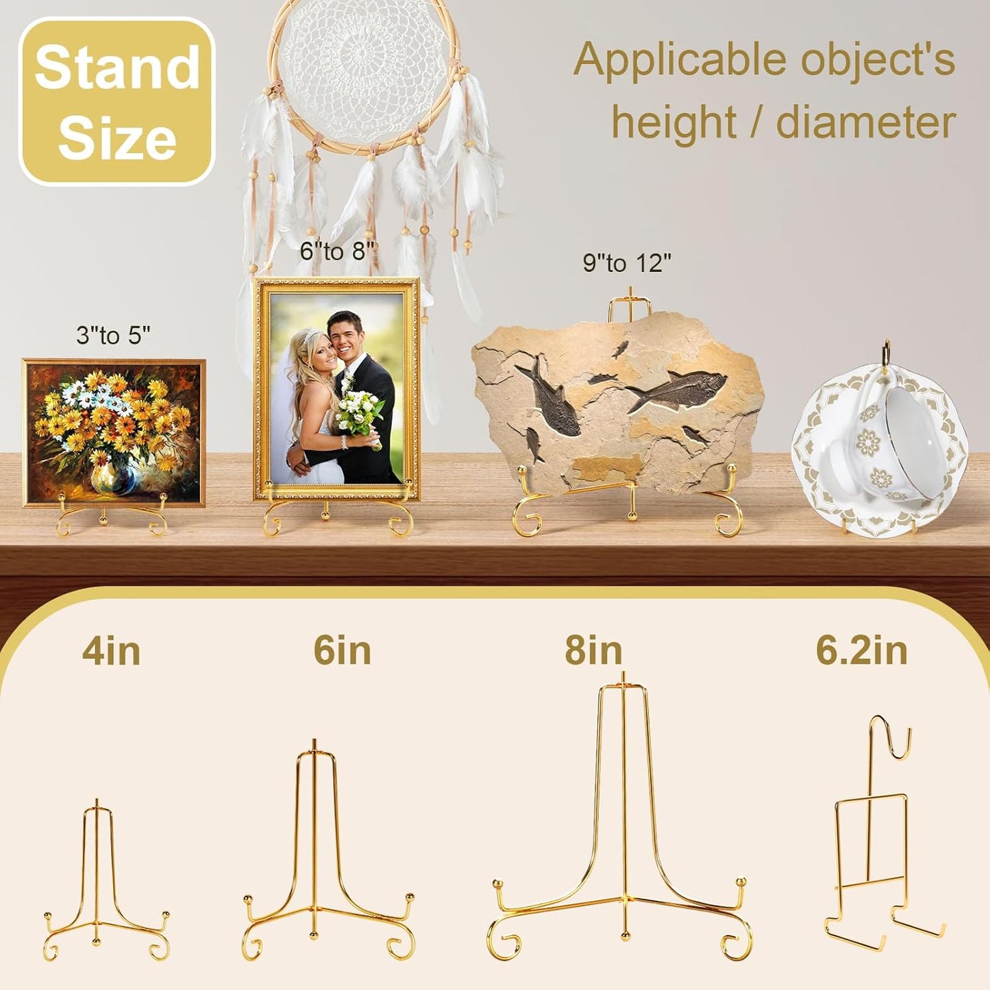 6 Pcs 3 Size Gold Plate Stands for Display, 4 6 8 Inch Plate Holder & 6 Cup and Saucer Display Stand for Displaying Picture Frames, Book, Card, Mug Organizer, Bowl, Decorative Plates, Tablet and Art