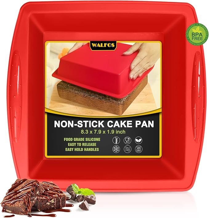 Walfos Silicone Square Cake Pan, 8 inch, Red, BPA Free, Non-Stick, Heat Resistant, Easy to Clean and Store, Ideal for Brownies, Cakes, Bread, Pie, Lasagna, and More