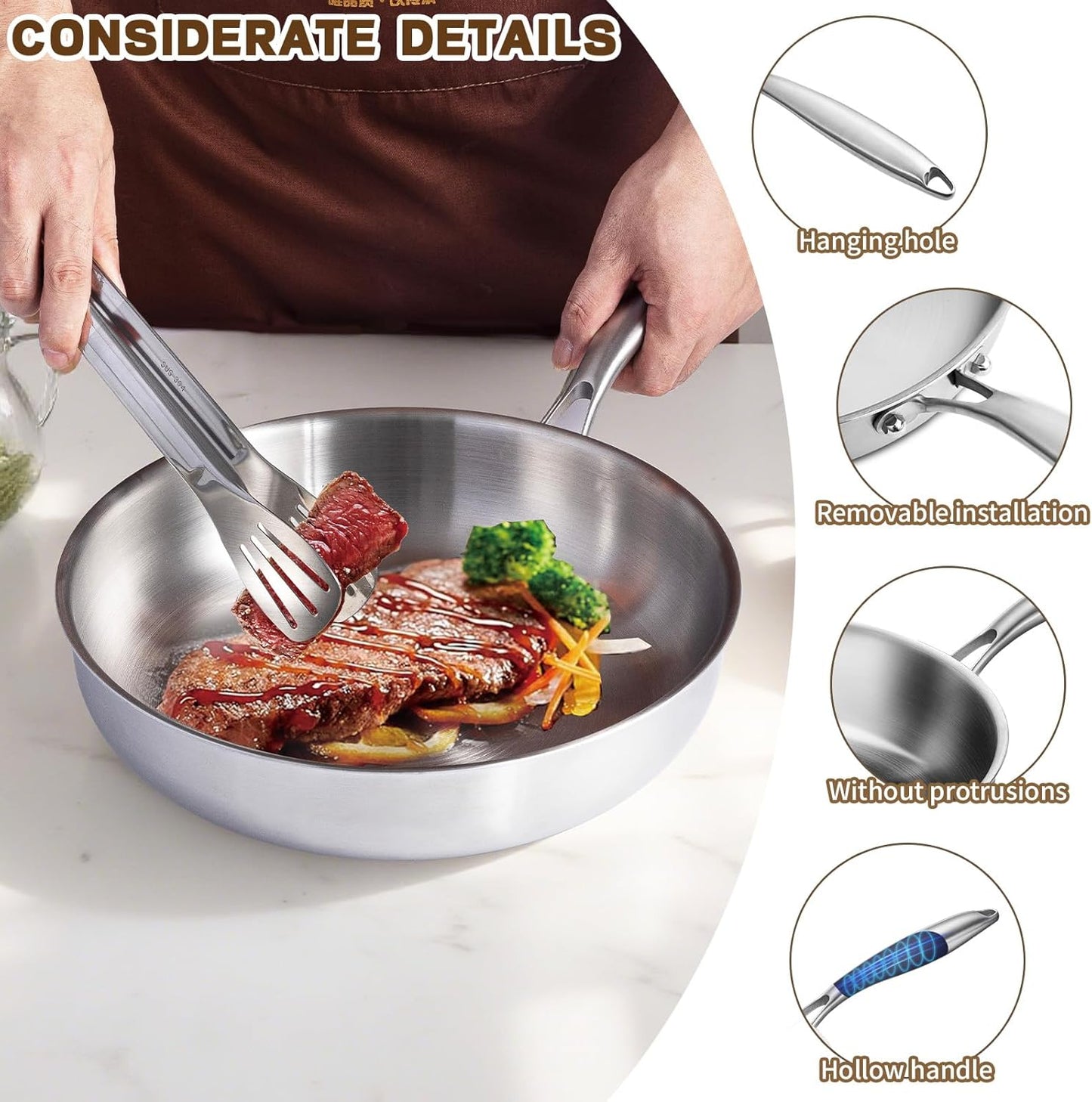 GOLDEN KEY 12 Inch Tri-Ply Stainless Steel Frying Pan, Stainless Steel Pans with Lid,Stainless Steel Skillet Induction All Cooktops, PFOA/PTFE Free Skillet,Health&Safety,Heavy Duty&Fast & Even Heat