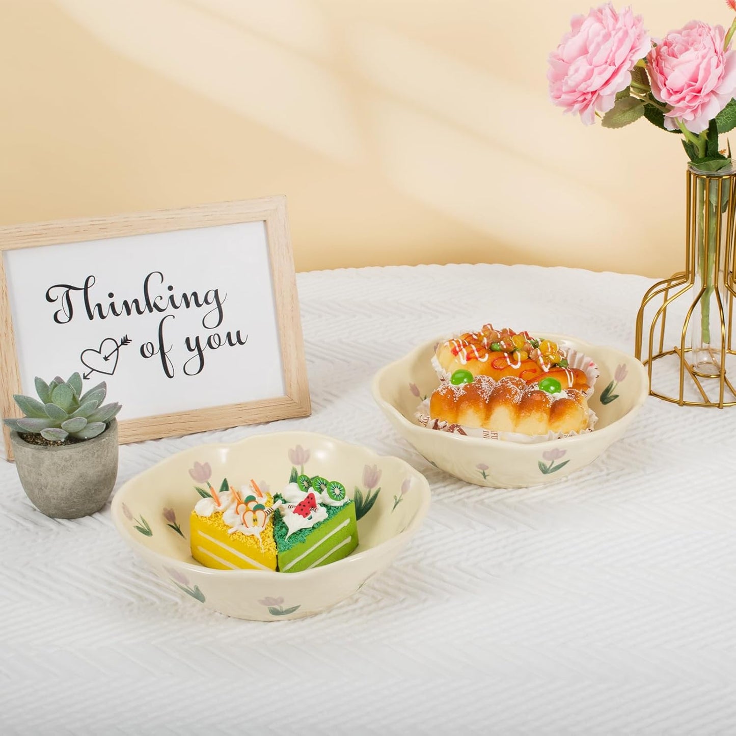 Koythin Salad Bowls, Cute Purple Tulip Flower Ceramic Bowls, Cream Yellow Serving Bowl for Pasta, Cereal, Fruit, Soup, Rice, Dishwasher and Microwave Safe (Purple Tulip Set of 1)