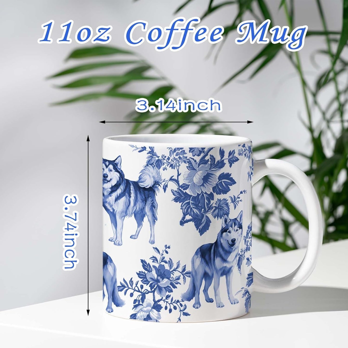 Husky Blue French Toile Mug, Huskies Lover Gifts for Women, Blue Chinoiserie Toile Coffee Cup for Husky Mom, Dog Lovers Tea Coffee Mug Birthday Gifts for Dog Owners, 11oz