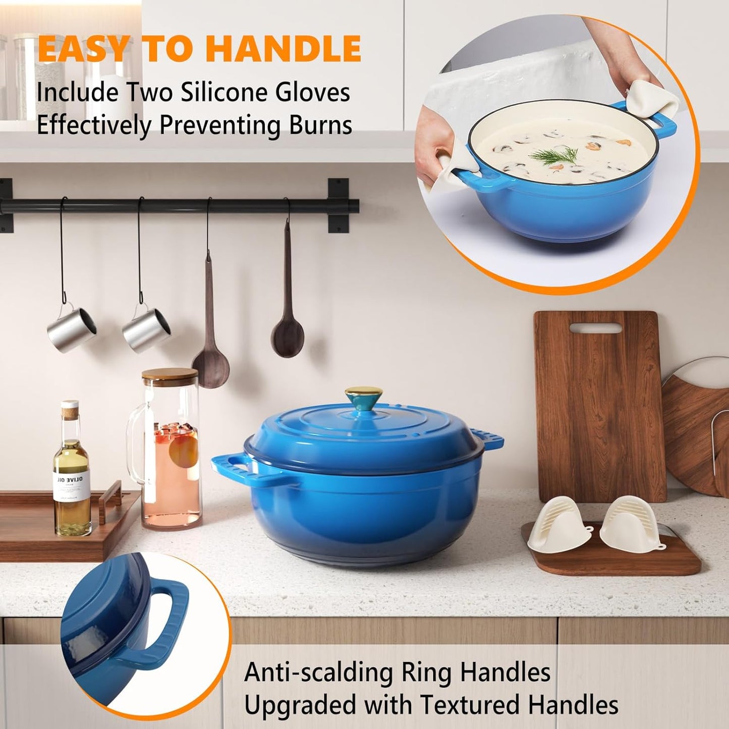 BONNLO 7.5QT Round Dutch Oven, Enameled Cast Iron Dutch Oven Pot with Lid & Dual Handles, Oven Safe Up to 500° F, for Sourdough, Bread Baking, Stews and Roasting (Blue)