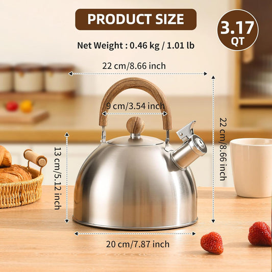18/8 Stainless Steel Tea Kettle for Stovetop (3L / 3.17 Quart, Whistling Tea Pot, Wood Handle)-Silver