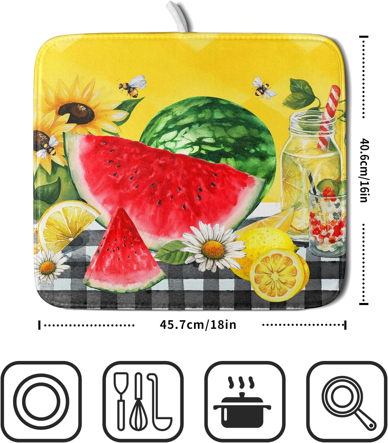 Summer Watermelon Dish Drying Mat Microfiber,Yellow Lemon Buffalo Plaid Dishes Drainer Mats 16x18 Inch,Absorbent Washable Large Drainer Rack Pad Protective Kitchen Counter Decor