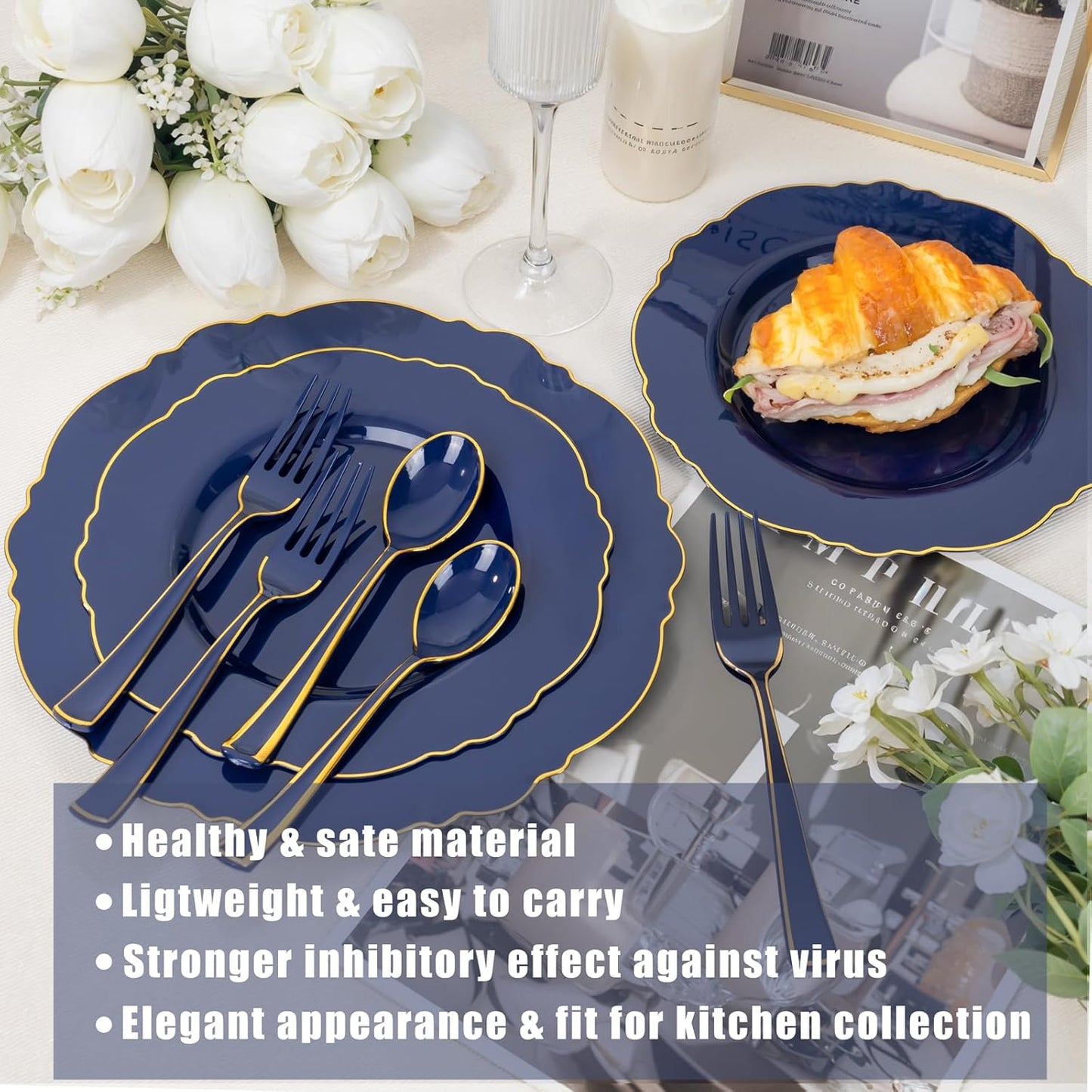 WDF 180PCS Blue Plastic Silverware -Blue and Gold Plastic Cutlery 60 Forks, 60 Knives, 60 Spoons - Heavy Duty Disposable Silverware for Party/Wedding/Space Themed Birtyday Party