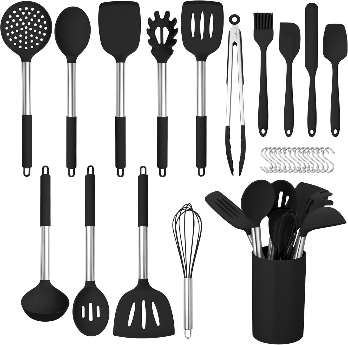 HaWare 29 PCS Silicone Cooking Utensils Set, Heat Resistant Kitchen Utensils Set with Stainless Steel Handle, Spatula Sets with Holder and Hooks, Kitchen Tools Gadgets for Nonstick Cookware -Black