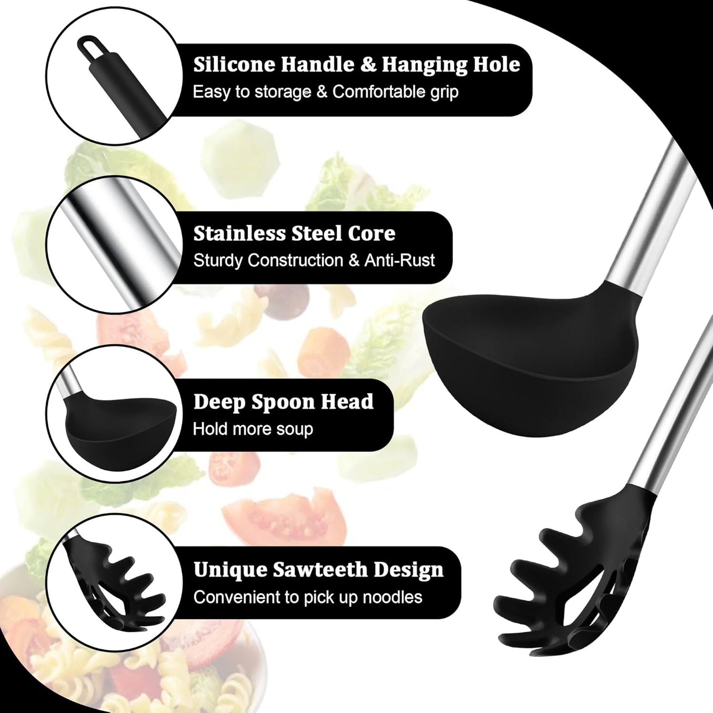 TeamFar Silicone Pasta Fork and Ladle Spoon Set, 2 Pcs Large Nonstick Kitchen Utensils with Stainless Steel Handle for Cooking, Draining, Serving Soup, Sauce, Spaghetti, Healthy & Heat-Proof, Black