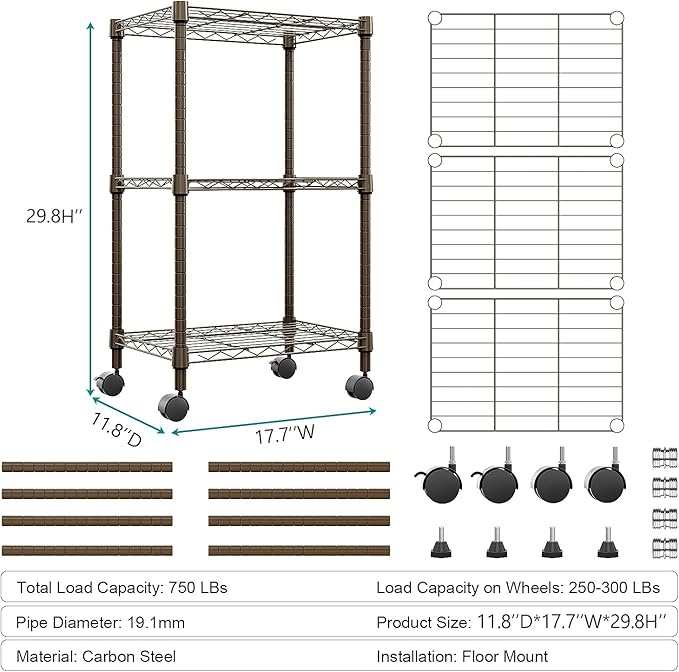 3 Tier Shelf Metal Storage Shelves Wire Rack Closet Organizers with Wheel for Garage Kitchen Bathroom Laundry Brown 11.8" D x 17.7" W x 29.8" H