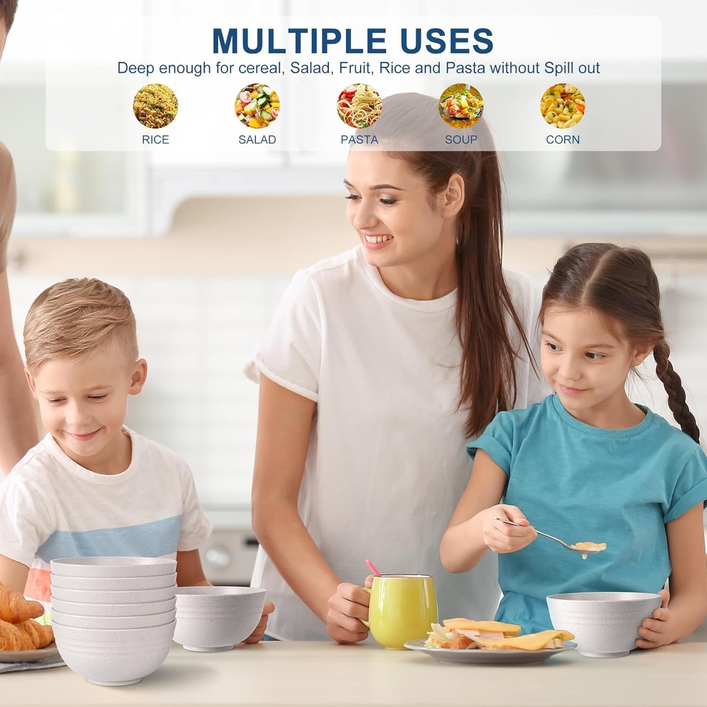 HOTEC Unbreakable Wheat Straw Cereal Bowls - Microwave & Dishwasher Safe Soup and Salad Bowls BPA Free, Set of 8, 26oz, White